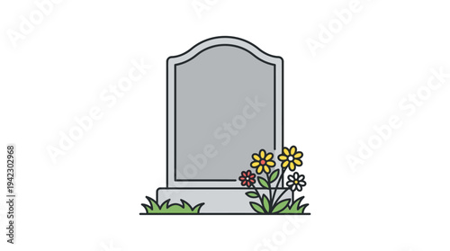 Flat vector illustration of a gravestone with small candle and flowers in front, simple outline vector style, isolated on white background