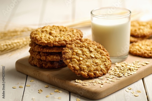 Oatmeal cookies with milk on tray in cozy home setting, selective focus
