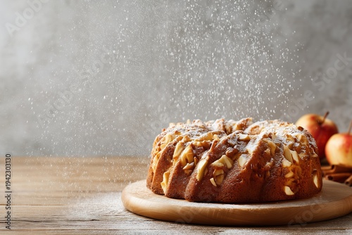 Rustic Style Apple Bundt Cake Sprinkled with Icing Sugar on old wooden table