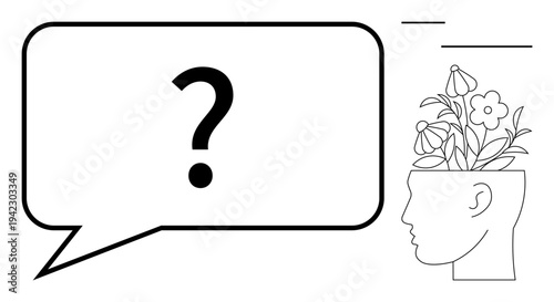Speech bubble with question mark beside a head filled with flowers symbolizes curiosity and creative thinking. Ideal for education, self-growth, mental health, brainstorming, innovation, mindfulness