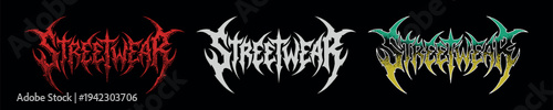 Vector illustration three metal-style "Streetwear" logos in red, white, and gradient colors typography