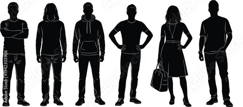 Silhouette of people standing, men and women group, black shadow figures, casual clothing, urban style, isolated on white, modern youth fashion concept