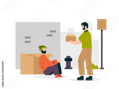 A volunteer is donating a box of food or supplies to a person in need. Helping people illustrations. Flat vector concepts.