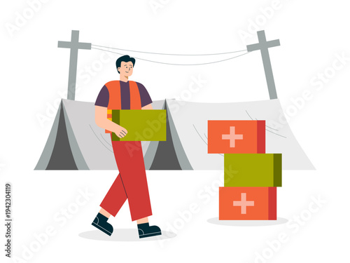 A volunteer or aid worker assisting at a humanitarian camp. Helping people illustrations. Flat vector concepts.