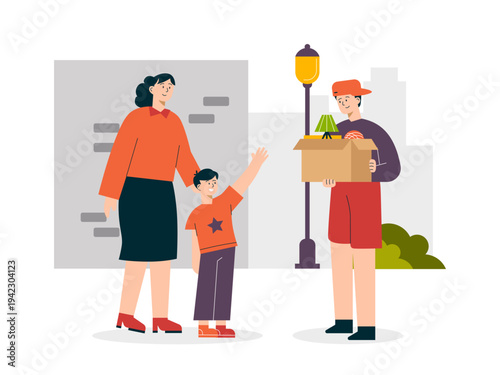 A volunteers or individuals distributing food, clothes, or other essential household items to others. Helping people illustrations. Flat vector concepts.