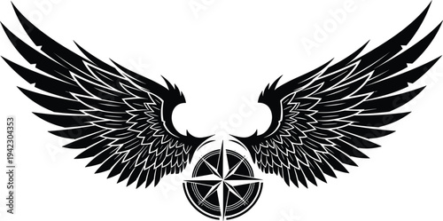 Angel wings compass symbol, symmetrical feather wing emblem, mystical navigation star design, black tattoo style, decorative vector illustration