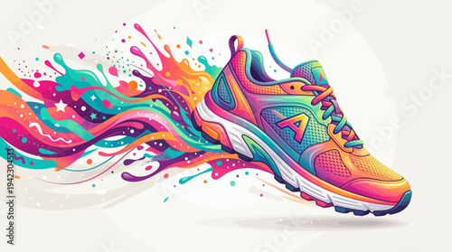 Colorful Running Shoe with Abstract Splash Motion – Modern Sports Sneaker Vector Illustration