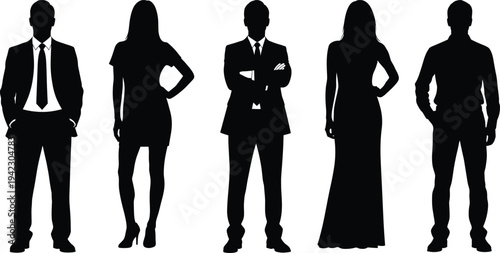 Business and fashion silhouettes, male and female figures, formal outfit vector, people standing pose, elegant dress design, black outline illustration, human figure template