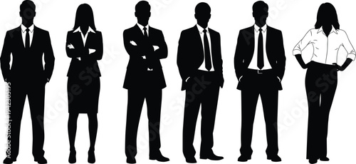 Business team silhouettes standing, professional group in formal attire, corporate people black outline, teamwork, leadership, diverse business team, office 
