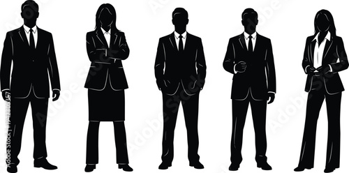 Business team silhouettes, professional group standing, corporate people black outline, business attire, team collaboration, leadership, diverse business team, office staff, business meeting concept, 