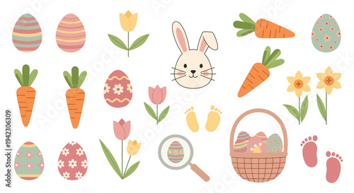 Vibrant Spring Easter Holiday Elements Collection with Cute Bunnies, Decorated Eggs, Carrots, and Flowers, Perfect for Festive Seasonal Designs