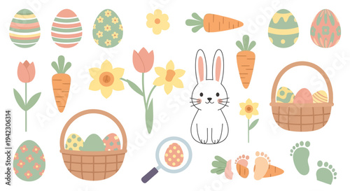Adorable Easter Day Vector Set Featuring a Cute Bunny, Decorated Eggs, Baskets, and Spring Flowers