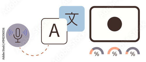 Multilingual communication, language learning, speech recognition, AI tools, translation systems, voice interfaces. A microphone, language symbols and data visuals. Multilingual communication