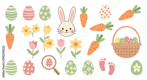 Cute Easter Day Cartoon Vector Collection with Bunny, Eggs, and Carrots for Festive Celebrations