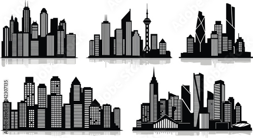 Silhouette of modern city skylines, urban building collection, skyscraper architecture illustration, black and white cityscape, business district shapes, isolated 
