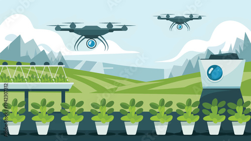 Drones monitor greenhouse plants and fields with mountains in the background, agricultural farming