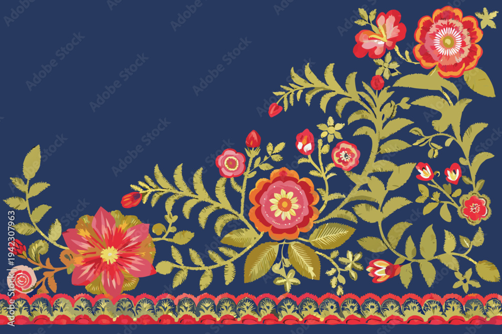 Fototapeta premium Embroidery style floral border with red pink and green blossoms