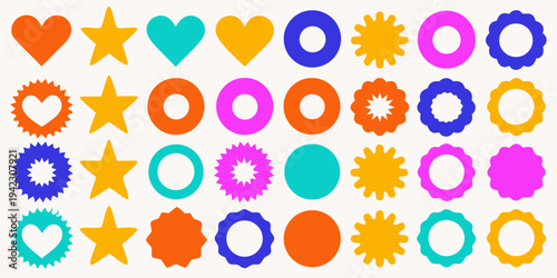 Colorful assortment of geometric shapes and decorative elements on a beige background