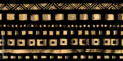 Golden geometric and tribal patterns on a dark background