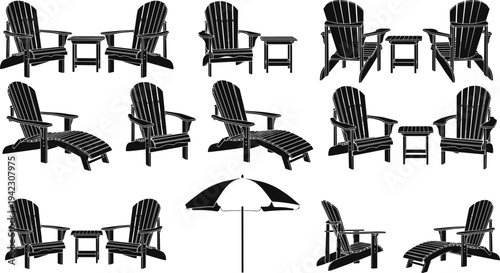 Adirondack chair silhouettes collection with outdoor patio furniture, wooden lounge chairs, side tables and beach umbrella for garden relaxation vector illustration set