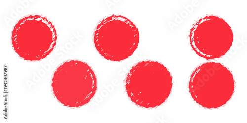 Five irregular red shapes resembling paw prints or rounded blobs