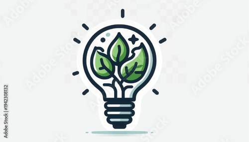 Green Energy Idea Lightbulb Illustration: Sustainable Innovation Symbol with Growing Plant Leaves Inside
