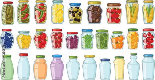 Assorted glass jars with pickled vegetables, fruits and preserved food collection, colorful canning containers and empty bottles vector illustration set