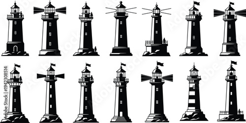 Black and white illustration of fourteen unique lighthouse designs with beams, rocks, and platforms, symbolizing coastal navigation, maritime heritage, architecture, and creative artwork projects