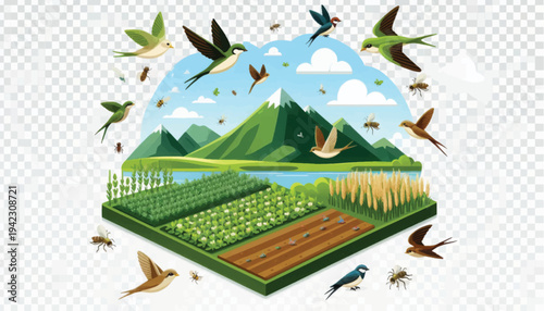 Biodiversity and Natural Pest Control on a Farm. Swallows Catching Insects over Agricultural Fields, Isometric Vector Illustration.