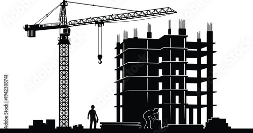 Black and white silhouette illustration of construction site with tower crane, workers, building materials, and unfinished structure, industrial artwork concept for architecture, engineering, and urba