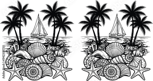 Black and white illustration of tropical beach with palm trees, sailboats, seashells, and starfish, designed as spot the difference puzzle, symbolizing ocean, vacation, and creative artwork projects