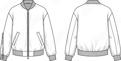 Front and back view of classic bomber jacket with ribbed collar, cuffs, waistband, zipper closure, slanted pockets, flat sketch, fashion outerwear technical design
