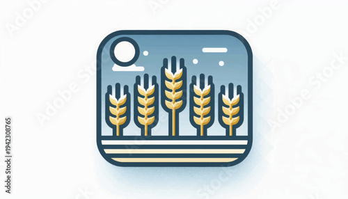 Stylized Wheat Crop Field Icon at Dusk. Organic Grain Farming, Agriculture and Harvest Symbol Illustration.