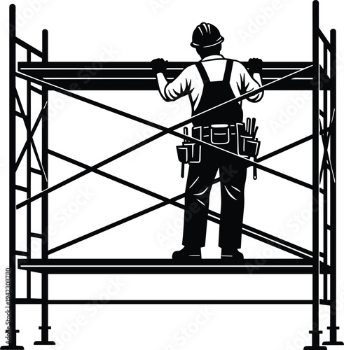 Black and white silhouette illustration of construction worker on scaffold with hard hat, tool belt, and safety gear, industrial artwork concept for building, engineering, and architecture projects