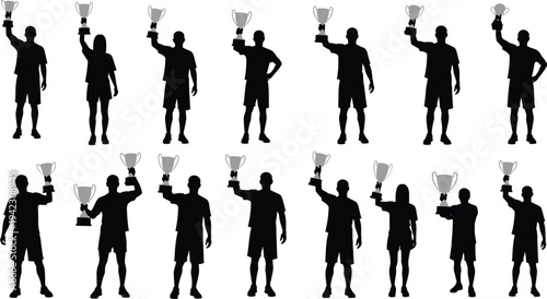 Black silhouette illustration of athletes celebrating victory with raised trophies, symbolizing achievement, competition, recognition, sports success, and award ceremony moments in grayscale design.