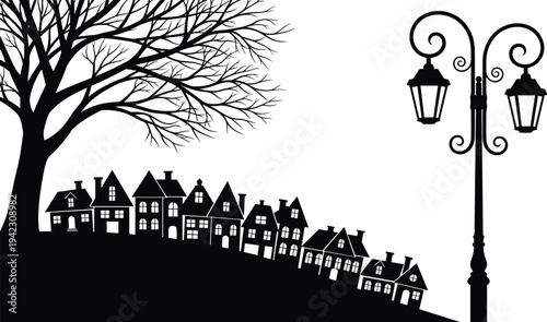 Black silhouette illustration of charming village scene with houses, tree, and street lamp, symbolizing architecture, nostalgia, rural life, community, and creative artwork projects