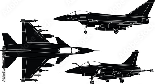 Modern fighter jet aircraft silhouette vector collection, military combat airplane multiple views illustration, aviation defense technology isolated for aerospace design