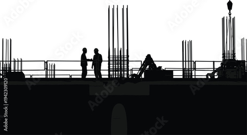 Black silhouette illustration of construction site with workers, crane, rebar, and equipment, artwork concept for industry, teamwork, safety, engineering, and architectural design projects