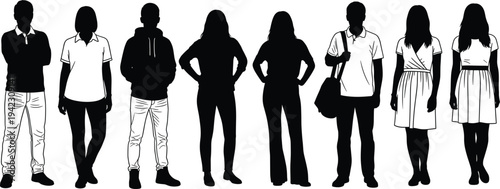 Group of diverse people standing, casual and formal clothing, urban lifestyle, young adults, friendship, team, diverse silhouettes, men and women, standing together, unity, black and white