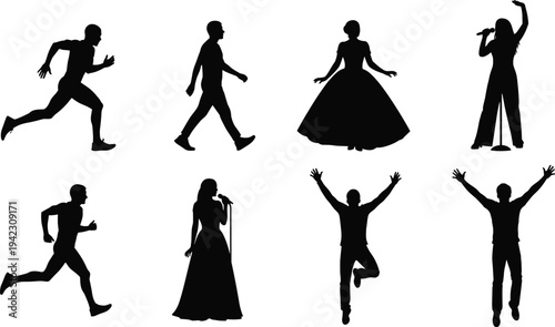 Black silhouette illustration of eight people in various poses including running, walking, singing, jumping, and celebrating, artwork concept for lifestyle, performance, activity, and design projects