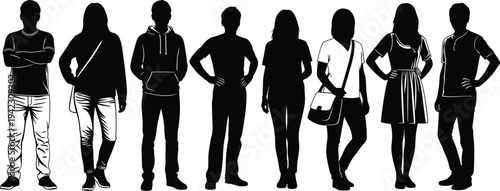 Group of diverse young adults standing, casual clothing, confident posture, urban lifestyle, men and women, friendship, community, standing together, black and white silhouette, modern style, unity