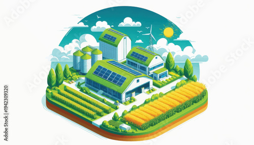 Smart Farm Isometric Illustration: Sustainable Agriculture, Solar Energy, and Green Technology Integration for Modern Food Production and Eco-Friendly Farming.