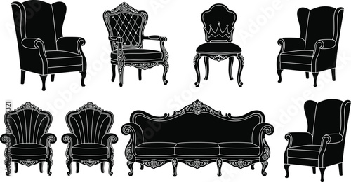 Black silhouette illustration of eight ornate vintage chairs and sofa with intricate carved details, symbolizing classical furniture, interior decor, luxury design, and creative artwork projects