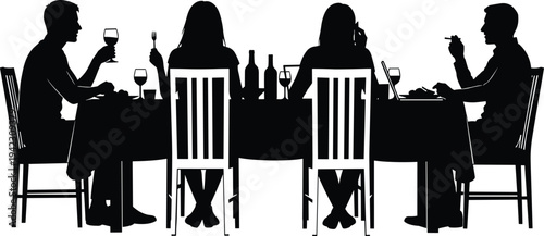 Black silhouette illustration of five people sitting around dining table with wine, laptop, phone, smoking, and social interaction, artwork concept for lifestyle, modern habits, and design projects