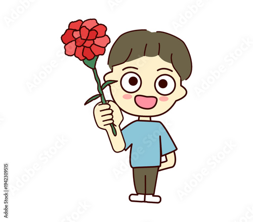 母の日のカーネーションを笑顔で差し出すこどもの可愛い人物イラスト_一輪_男の子