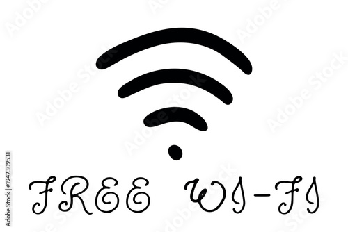 Hand drawn free wifi spot zone sign Public wi-fi area sign Wireless internet clipart in doodle style Single element for print, web, design, decor 3G, 4G, 5G, 6G, IoT