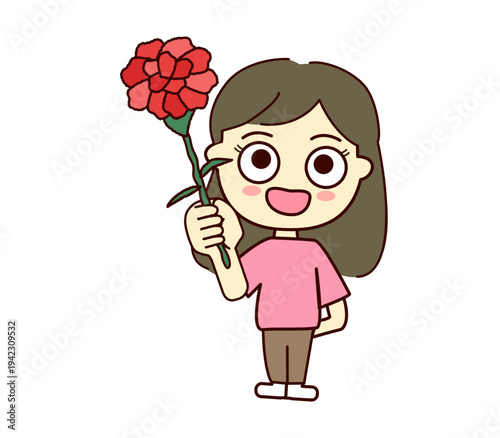 母の日のカーネーションを笑顔で差し出すこどもの可愛い人物イラスト_一輪_女の子