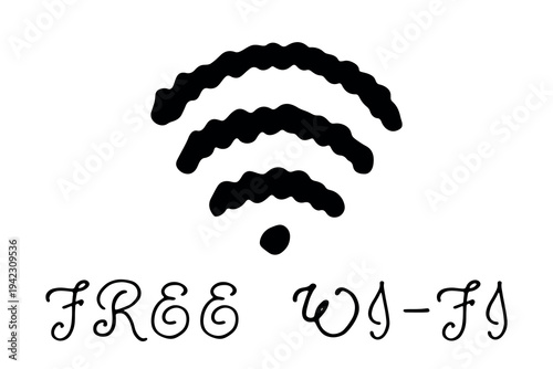 Hand drawn free wifi spot zone sign Public wi-fi area sign Wireless internet clipart in doodle style Single element for print, web, design, decor 3G, 4G, 5G, 6G, IoT