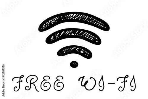 Hand drawn free wifi spot zone sign Public wi-fi area sign Wireless internet clipart in doodle style Single element for print, web, design, decor 3G, 4G, 5G, 6G, IoT