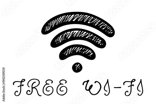 Hand drawn free wifi spot zone sign Public wi-fi area sign Wireless internet clipart in doodle style Single element for print, web, design, decor 3G, 4G, 5G, 6G, IoT